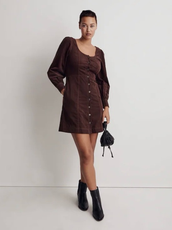 Madewell Dresses & Skirts - Madewell Dress Corduroy Seamed Long-Sleeve Mini Button Front Western Brown Sz 00